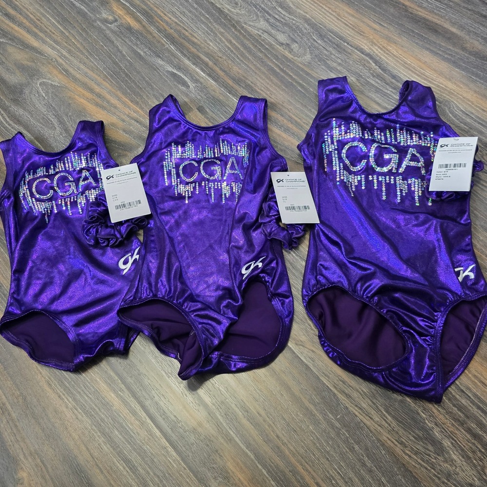 Lot of 3 GK Elite Purple Metallic CGA Rhinestone Gymnastics Leotard